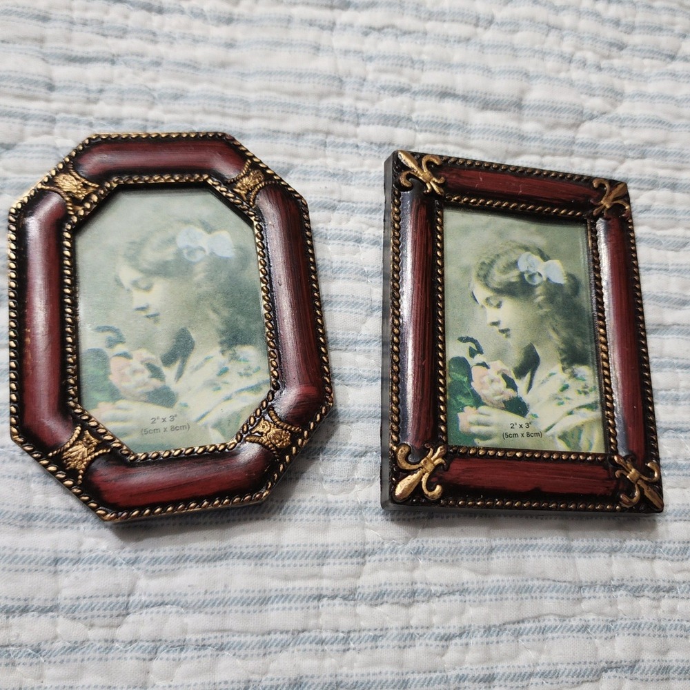 Miniature Picture Frame Set of 2 Burgundy Gold Ornate Victorian Style 2x3 Photo